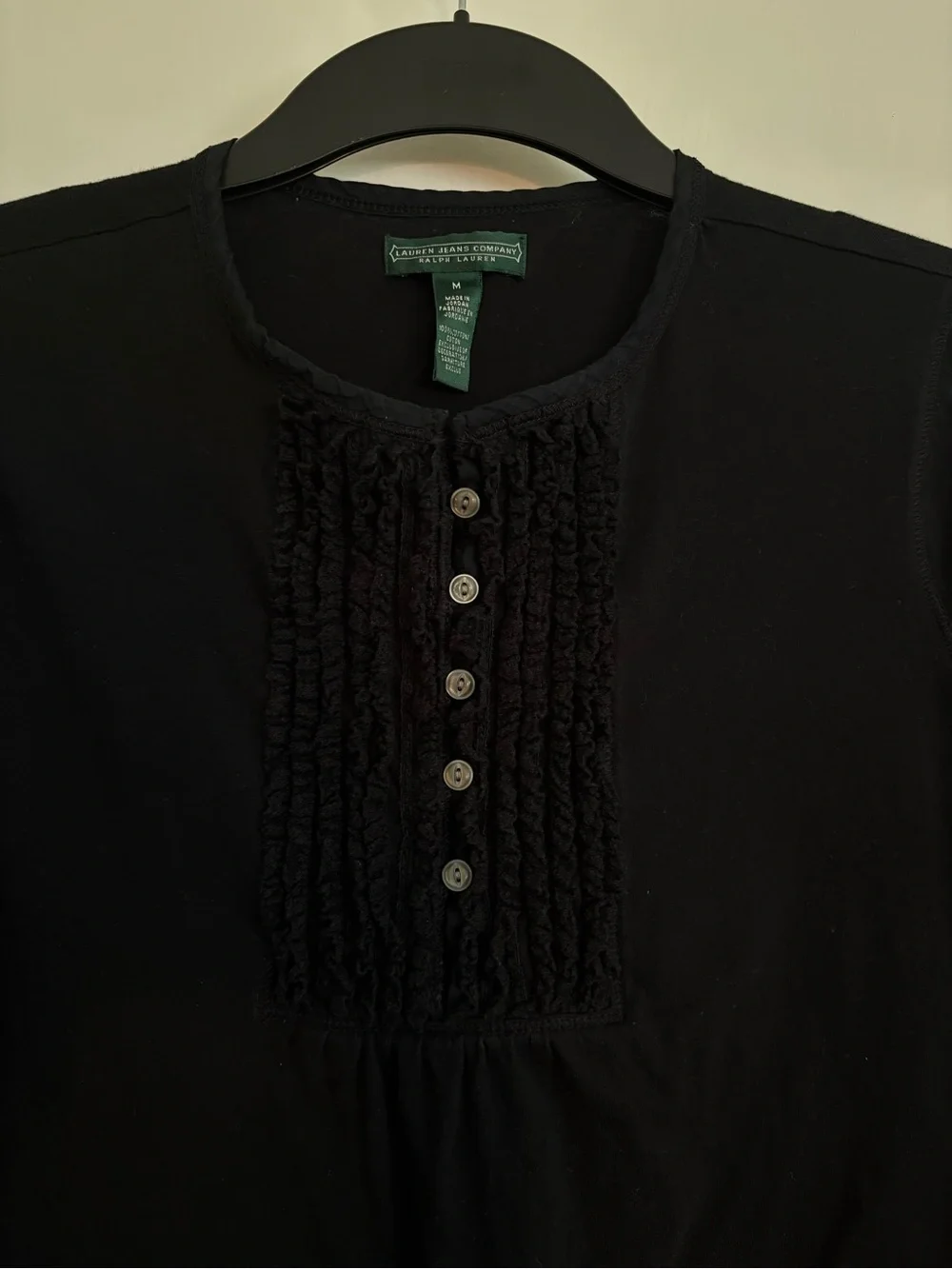 Vintage Lauren Ralph Lauren Black Short-Sleeve Ruffle-Pleat Button Top